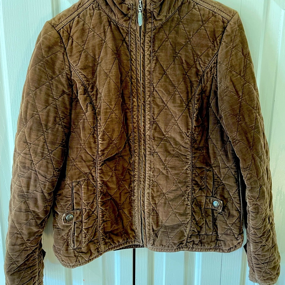 Cute, cropped, brown, corduroy, vintage Eddie Bauer zip up jacket.